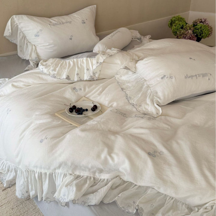 Scalloped Ruffle Embroidered Cotton Duvet Cover Set