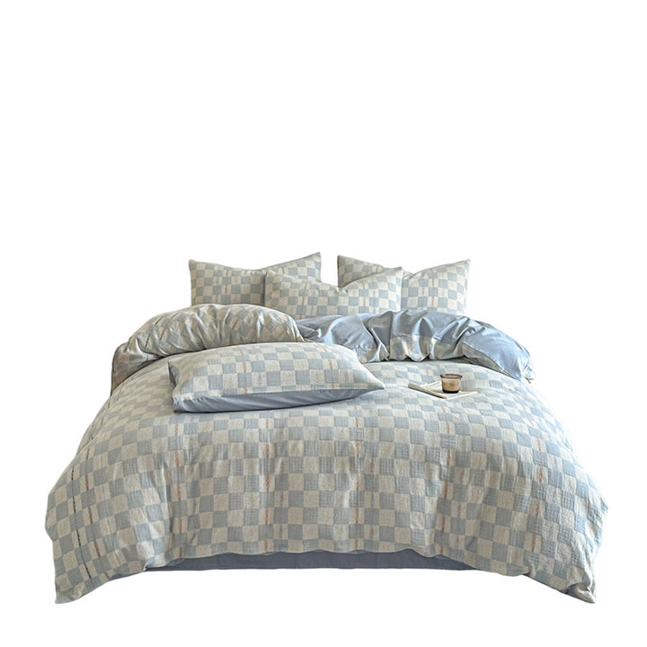 Cotton-linen bedding set with textured checked pattern
