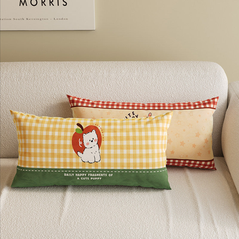 Cartoon Puppy Gingham Square Throw Pillow Cover with Hidden Zipper Linen-Blend Texture