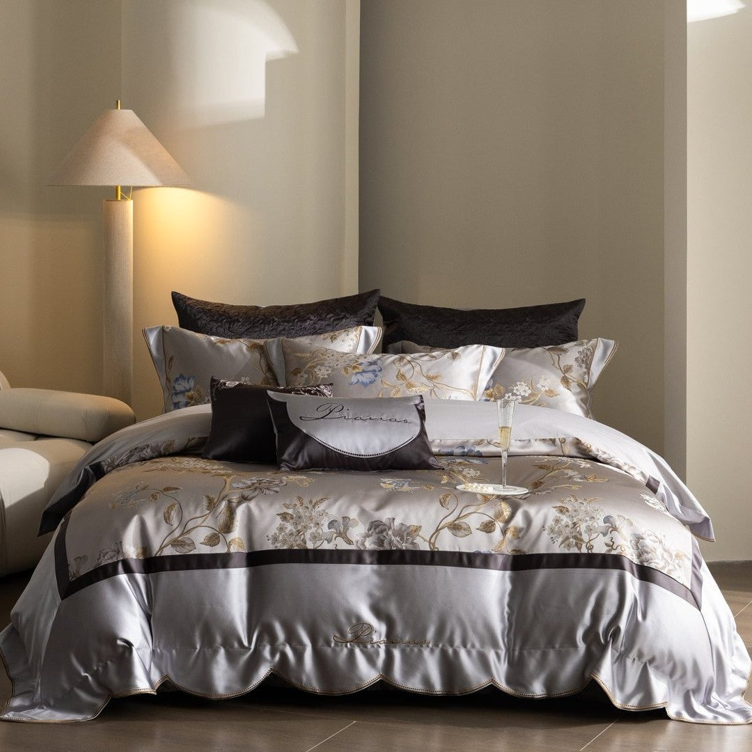 Silky Floral Embroidered Satin Duvet Cover Bedding Set with Scalloped Hem & Pillow Shams