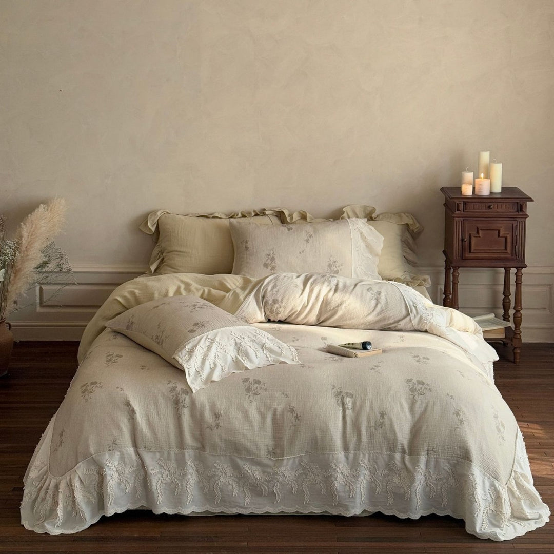Vintage Floral Embroidered Ruffled Duvet Cover Set