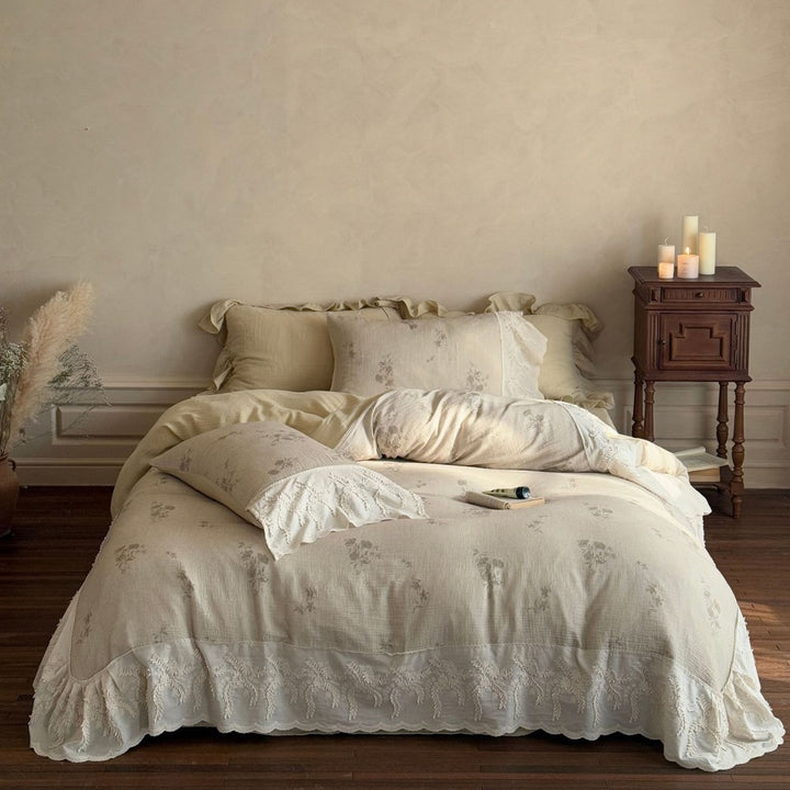 Vintage Floral Embroidered Ruffled Duvet Cover Set