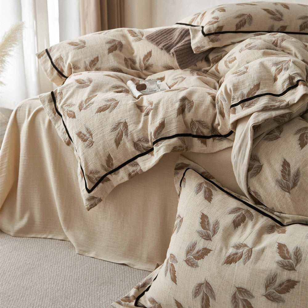 Washed Linen-Cotton Leaf Motif Duvet Cover Set with Piped Hem & Pillow Shams
