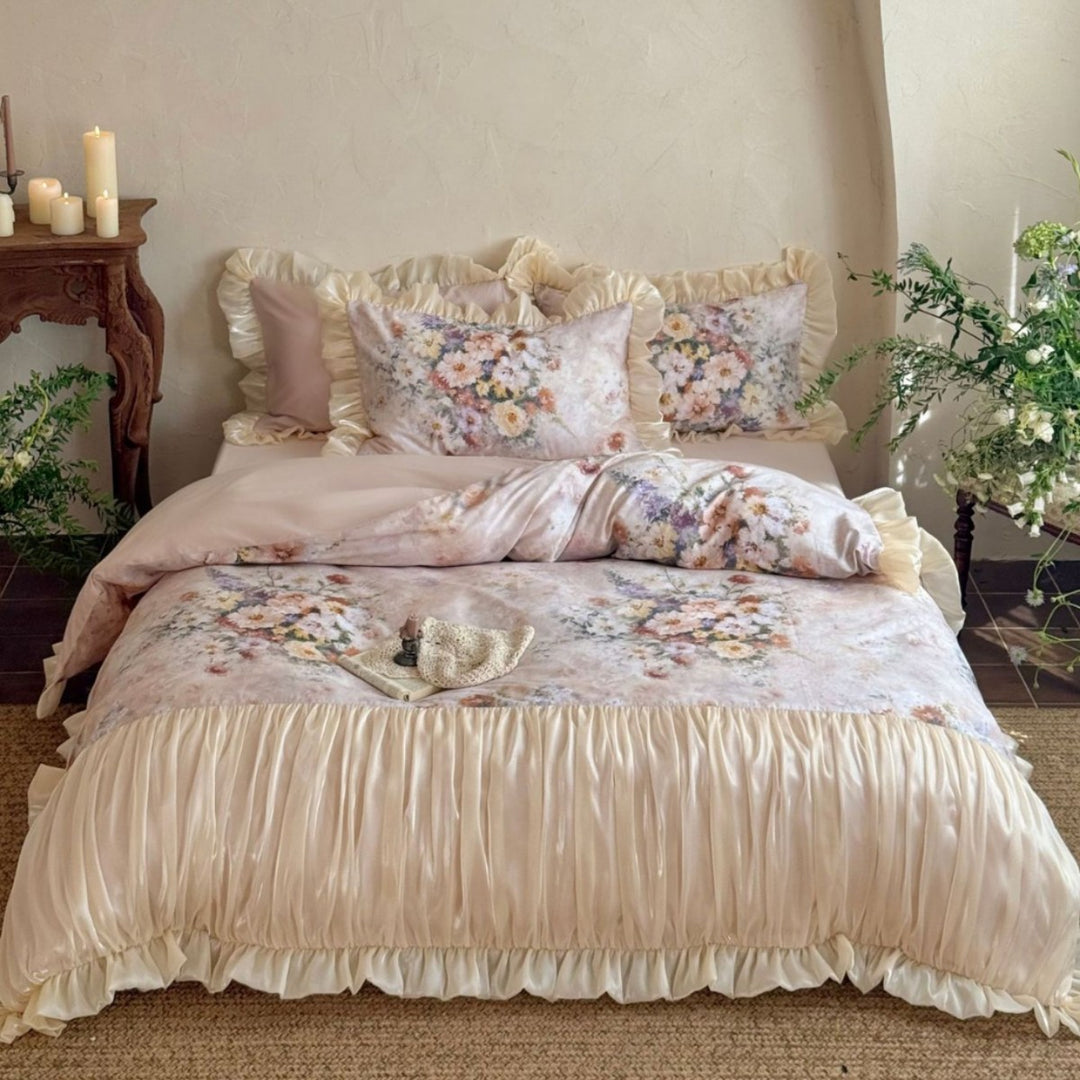 Floral Satin Ruffled Duvet Cover Set with Ruched Bedskirt & Decorative Pillow Shams