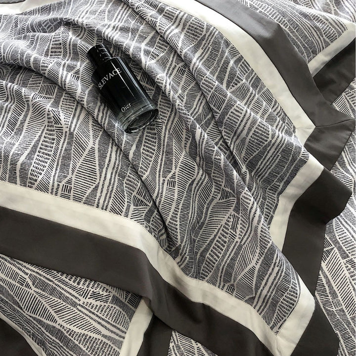 Reversible Cotton-Sateen Duvet Cover Set with Botanical Linear Print & Contrast Border
