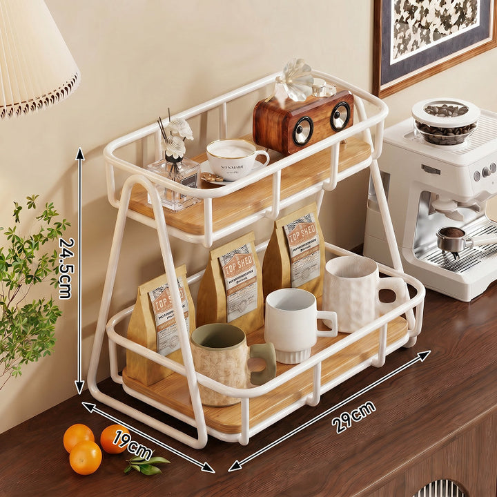 Two Tier Wood-Top Metal Countertop Kitchen Organizer Rack