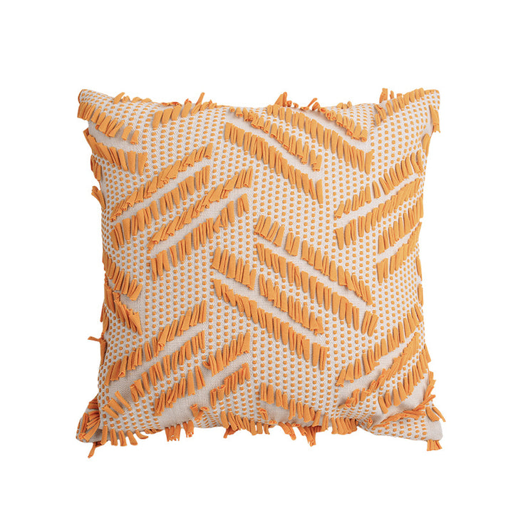 Decorative pillow with woven chenille relief structure and fringe application Stornfield