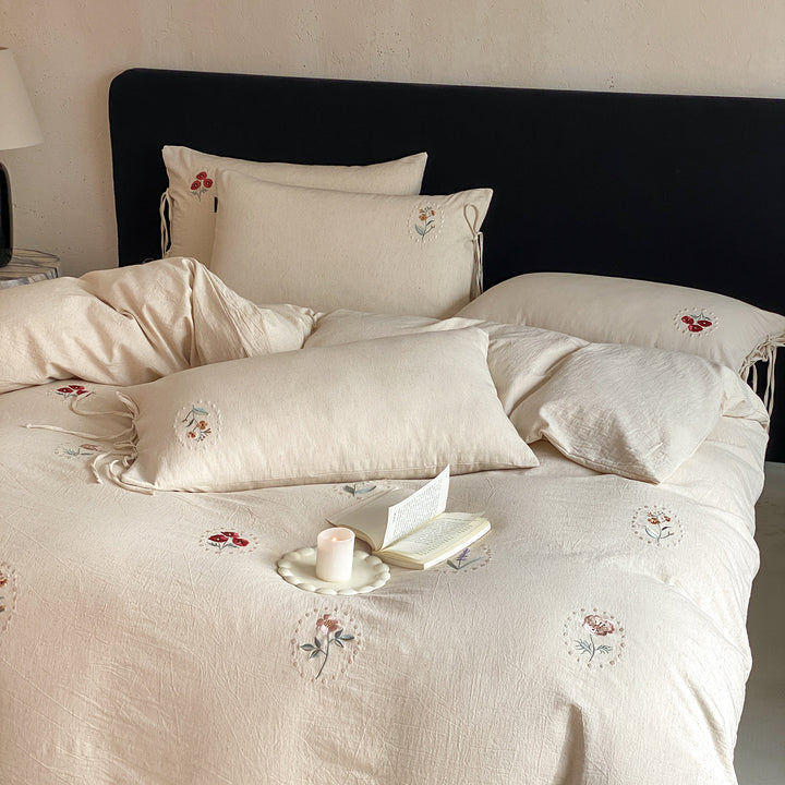 Embroidered Organic Linen Duvet Cover Set with Decorative Pillowcases