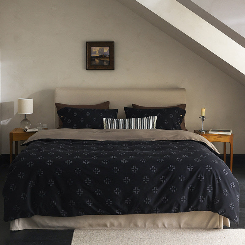 Reversible Geo-Pattern Cotton-Linen Duvet Cover Set with Hidden Closure and Pillow Shams
