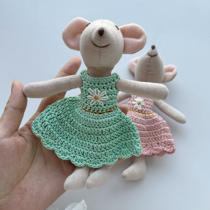 Handcrafted Linen Elephant Plush Doll with Striped Ruffle Collar and Soft Romper