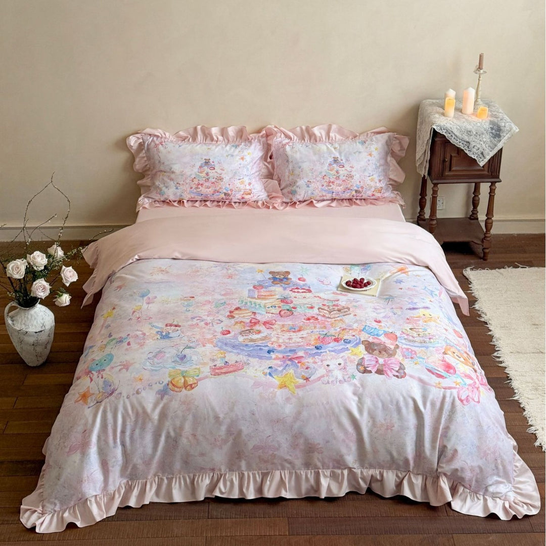 Ruffled Illustrated Duvet Cover Set with Decorative Frilled Shams