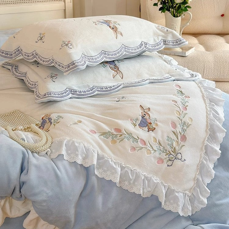 Embroidered Ruffled Duvet Cover Set with Decorative Shams and Bolster Pillow