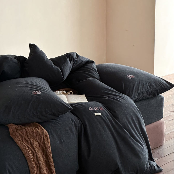 Washed Cotton Slub Duvet Cover Set with Mini Embroidered Accents