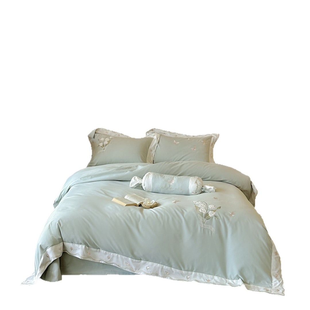 Embroidered Floral and Butterfly Cotton Sateen Duvet Cover Set with Scalloped Satin Border and Decorative Bolster