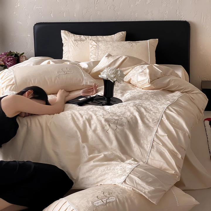 Luxury Jacquard Satin Ruffled Duvet Cover Set with Embroidered Accents