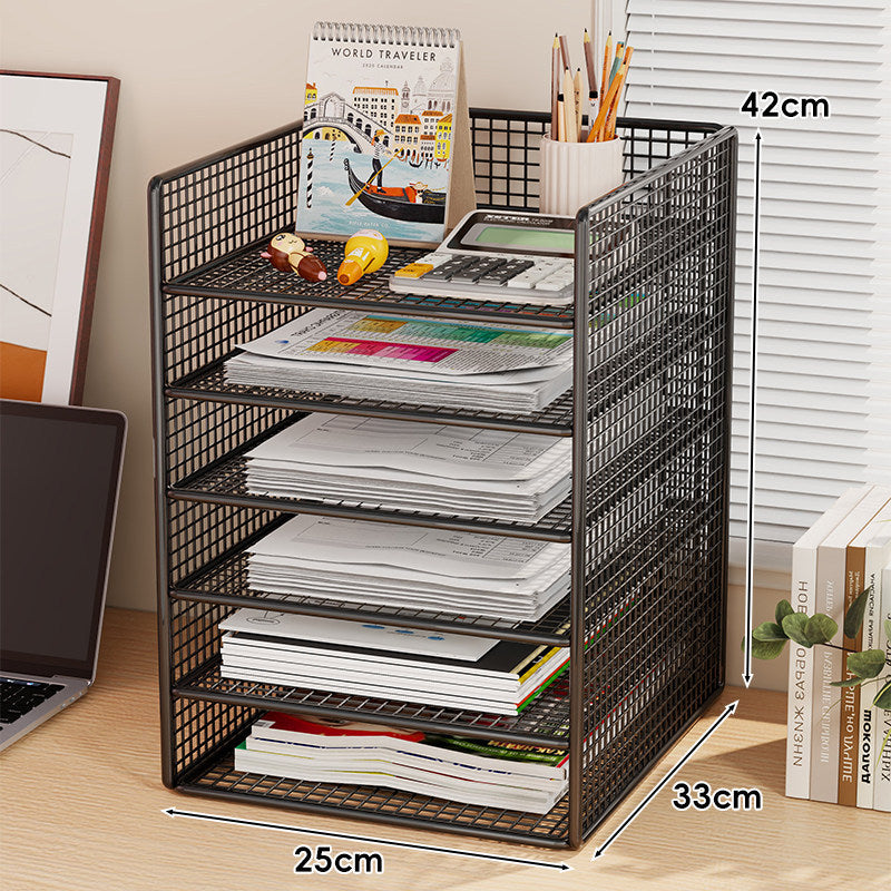 Multi-Tier Metal Mesh Desktop Document and Office Supply Organizer with Pull-Out Trays