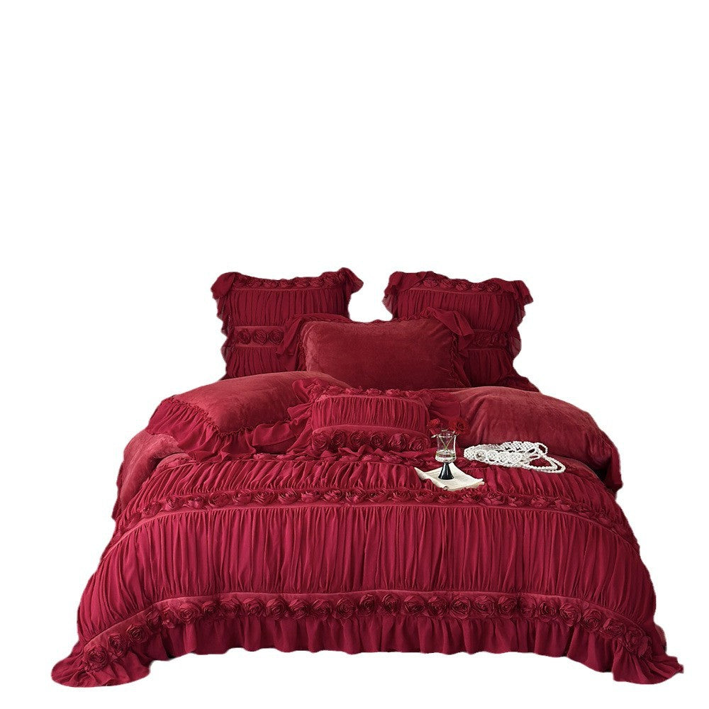 Luxurious Ruffles and Rose Appliqués Velvet Bedding Set