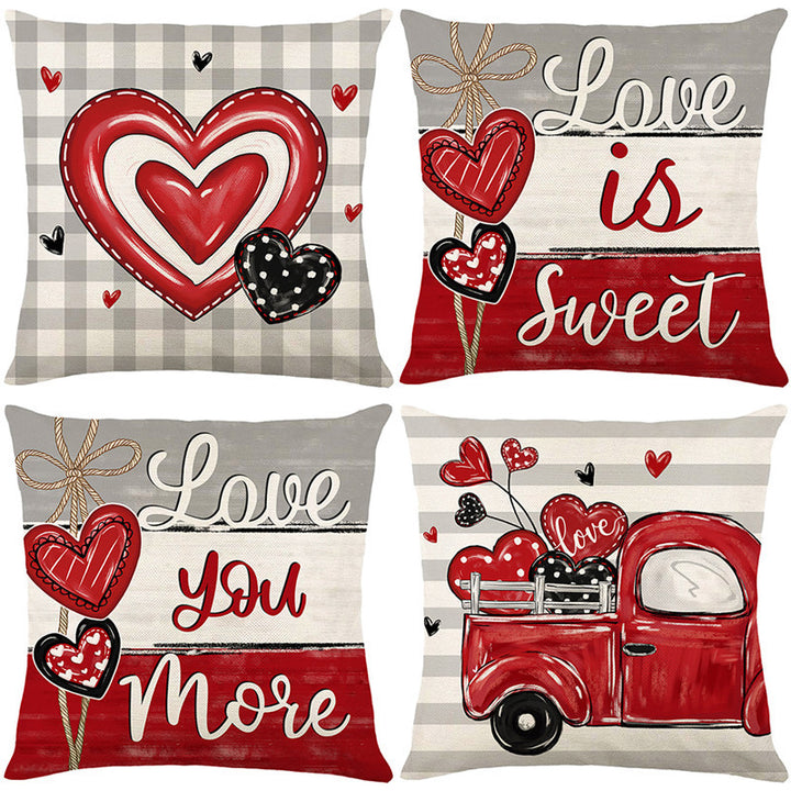 Cotton-Linen Gingham Decorative Throw Pillow Cover with Layered Heart Print and Hidden Zipper