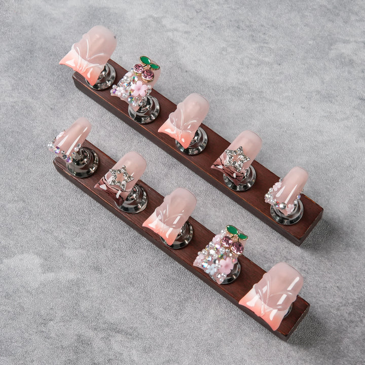 Decorative Press-On Nail Set with Gem Embellishments