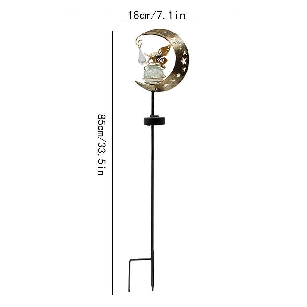 Crescent Moon Solar Garden Stake Light With Rotating Crackle Glass Orb And Butterfly Accent Stornfield