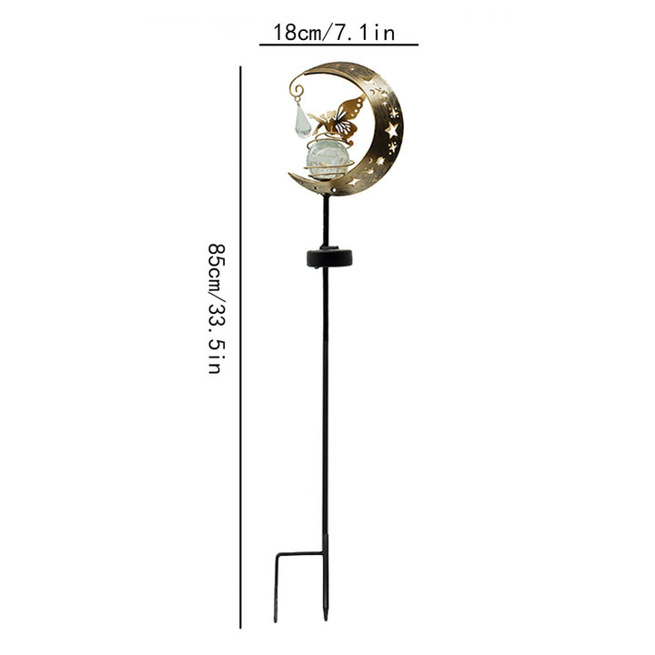Decorative Crescent Moon Solar Garden Stake Lamp With Hanging Crystal Orb And Butterfly Stornfield