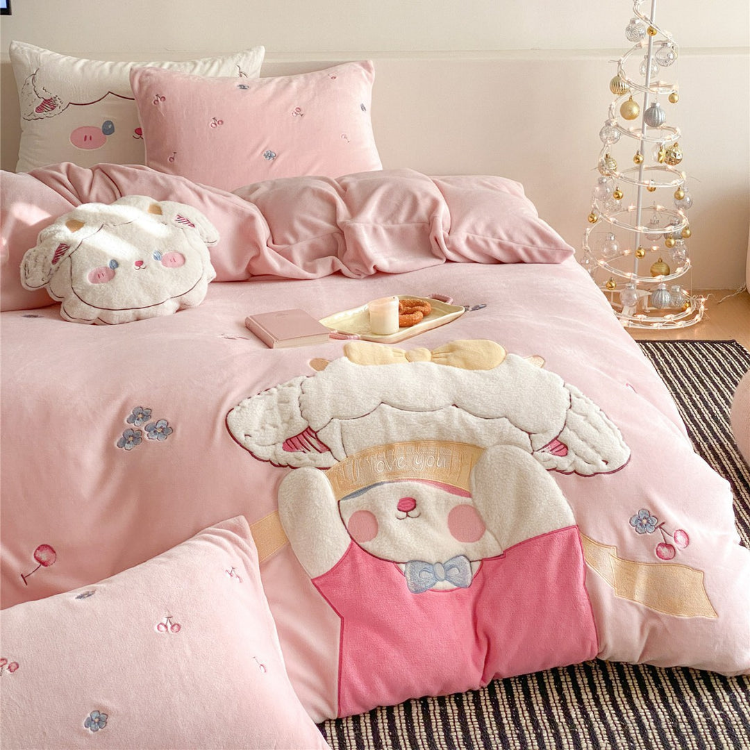 Plush Appliqué Cartoon Bunny Quilted Duvet Cover Set