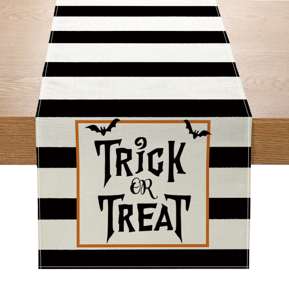 Halloween Cotton-Linen Table Runner with Sitting Cat and Pumpkin Illustration Decorative Border
