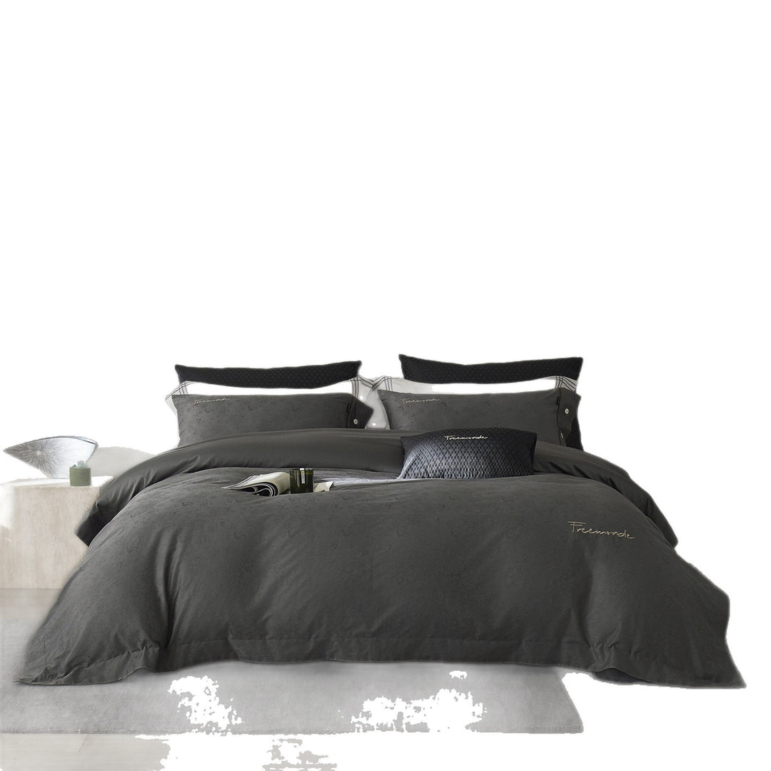 Satin-Jacquard Floral Duvet Cover Set with Button Closure & Gold Piping