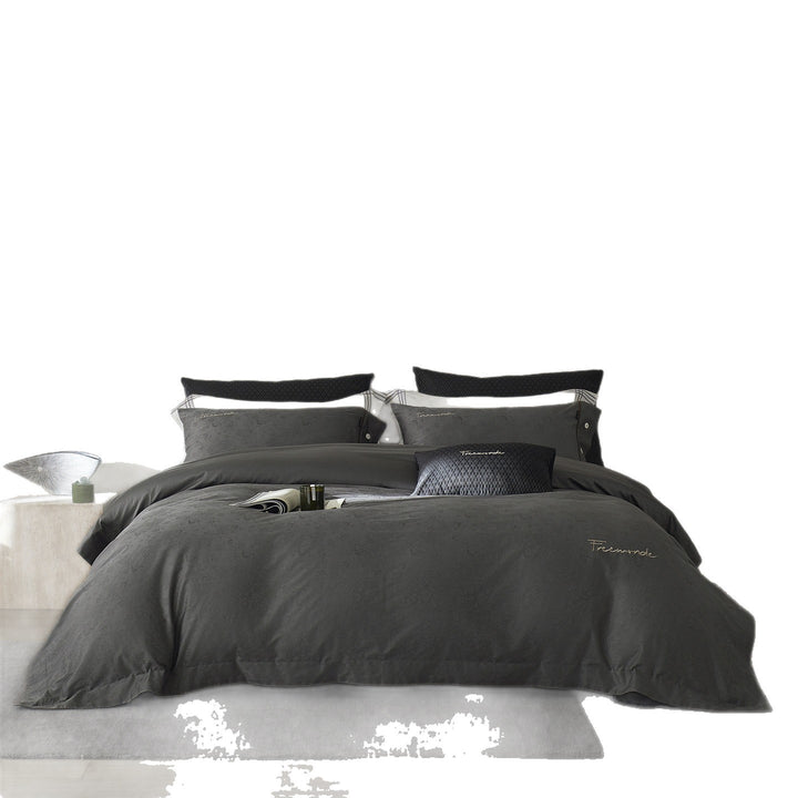 Satin-Jacquard Floral Duvet Cover Set with Button Closure & Gold Piping
