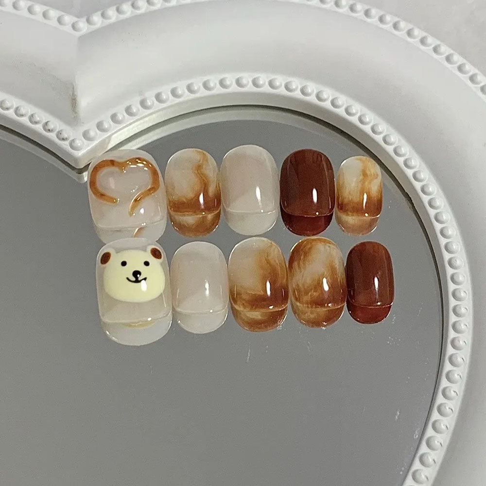Artificial nails with cute bear design and marbled pattern Stornfield