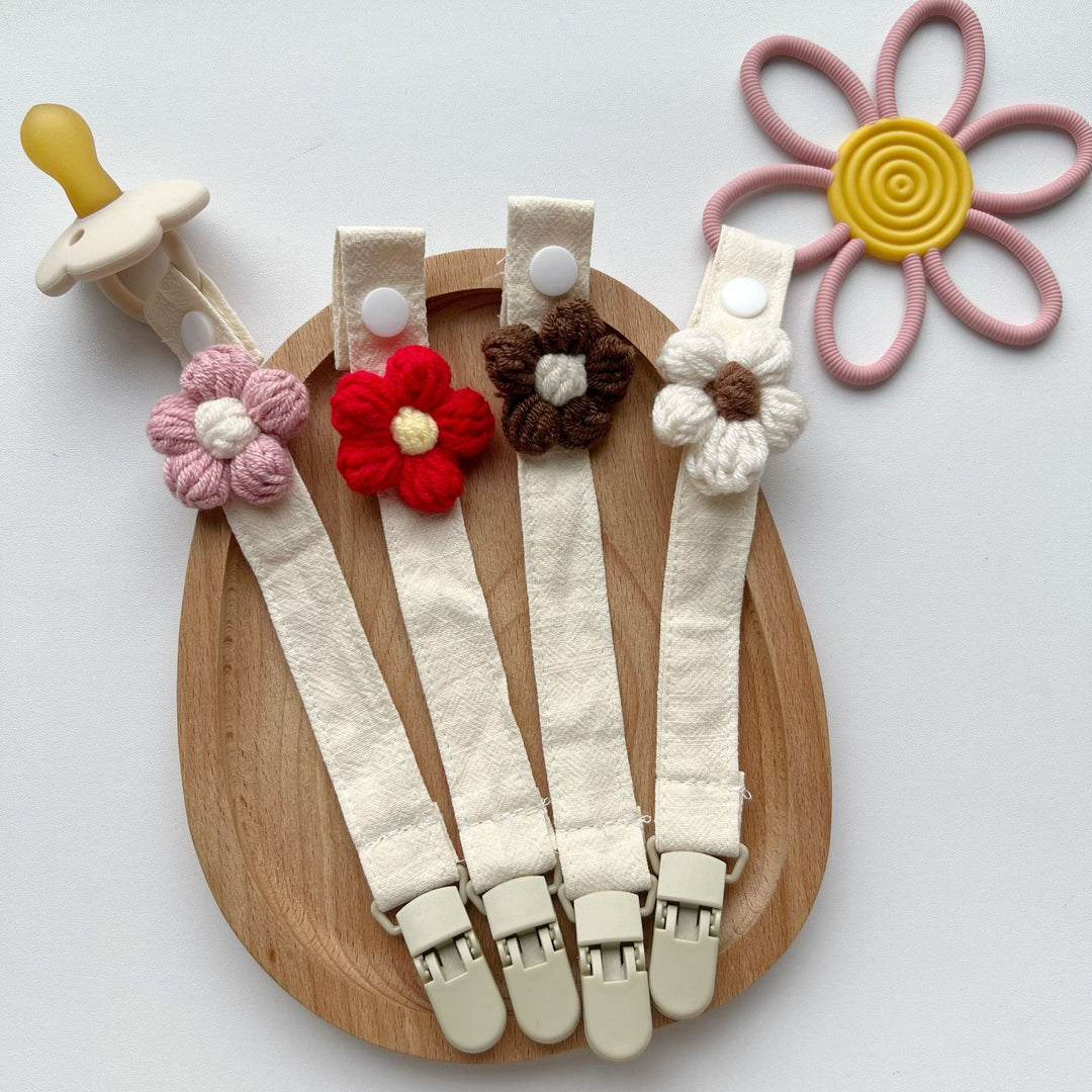 Crochet Flower Pacifier Clip with Cotton Strap