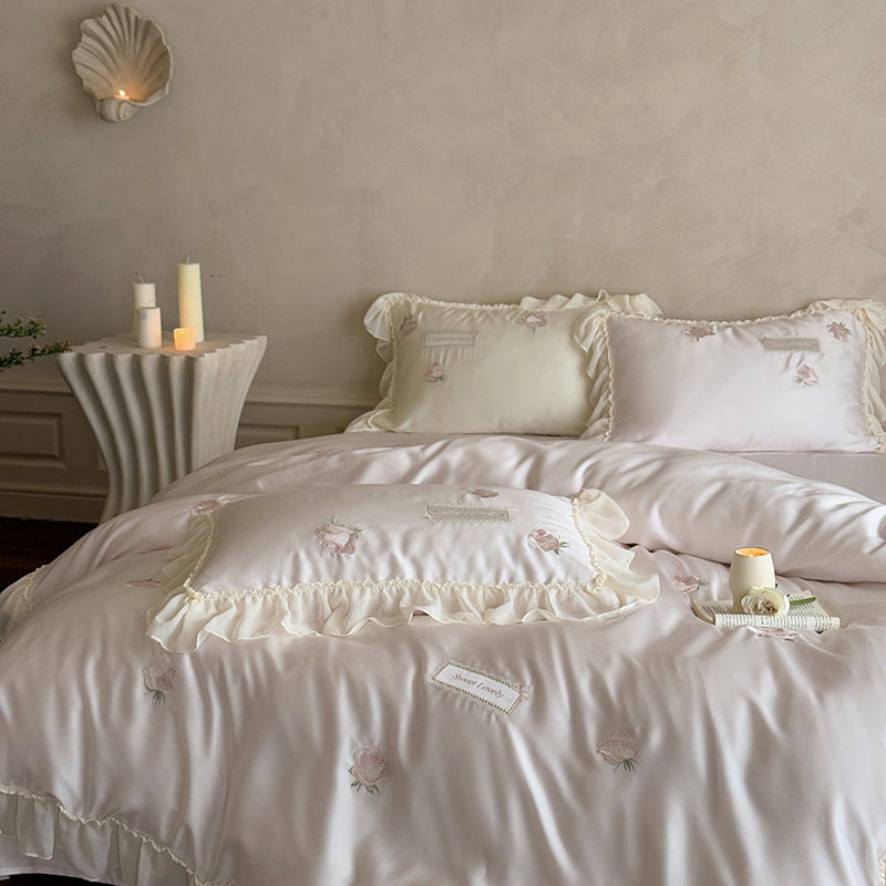 Reversible Cotton-Sateen Rose Embroidered Ruffled Duvet Cover Set with Frilled Pillow Shams and Hidden Closure