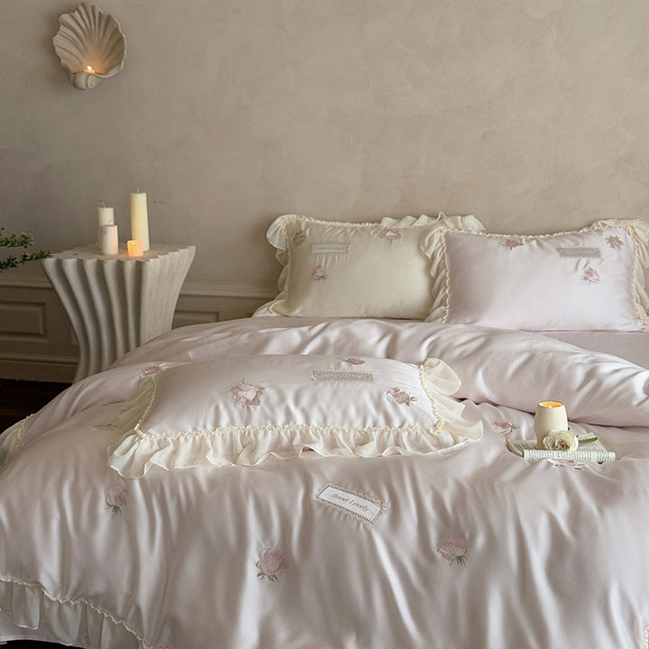 Reversible Cotton-Sateen Rose Embroidered Ruffled Duvet Cover Set with Frilled Pillow Shams and Hidden Closure