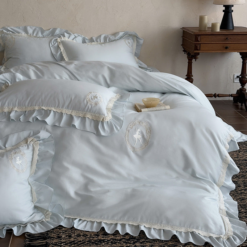 Luxury Ruffled Embroidered Cotton Duvet Cover Set