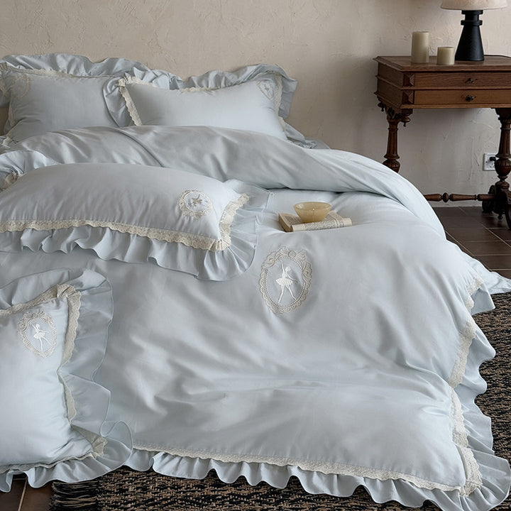 Luxury Ruffled Embroidered Cotton Duvet Cover Set
