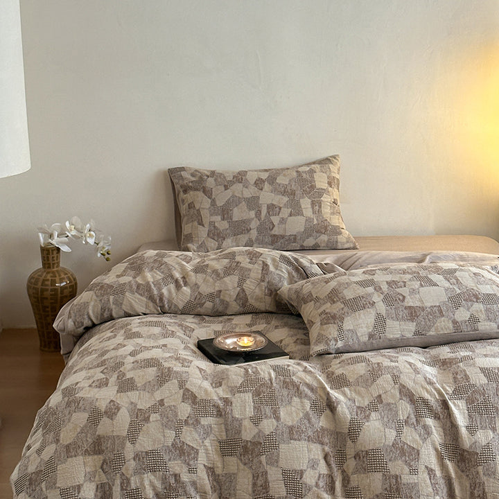 Luxury Stonewashed Cotton Duvet Cover Set with Geometric Jacquard Texture