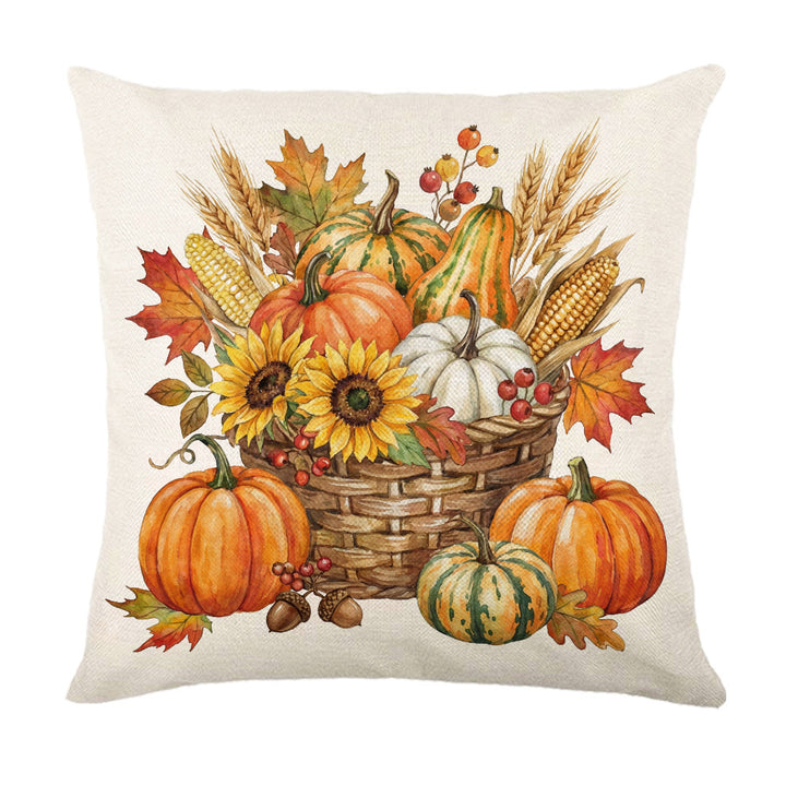 Decorative Autumn Basket Pumpkin Sunflower Square Pillow Cover with Hidden Zipper