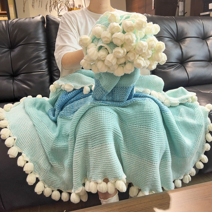 Hand-Knitted Floral Pom‑Pom Throw Blanket and Cozy Slipper Sock Set