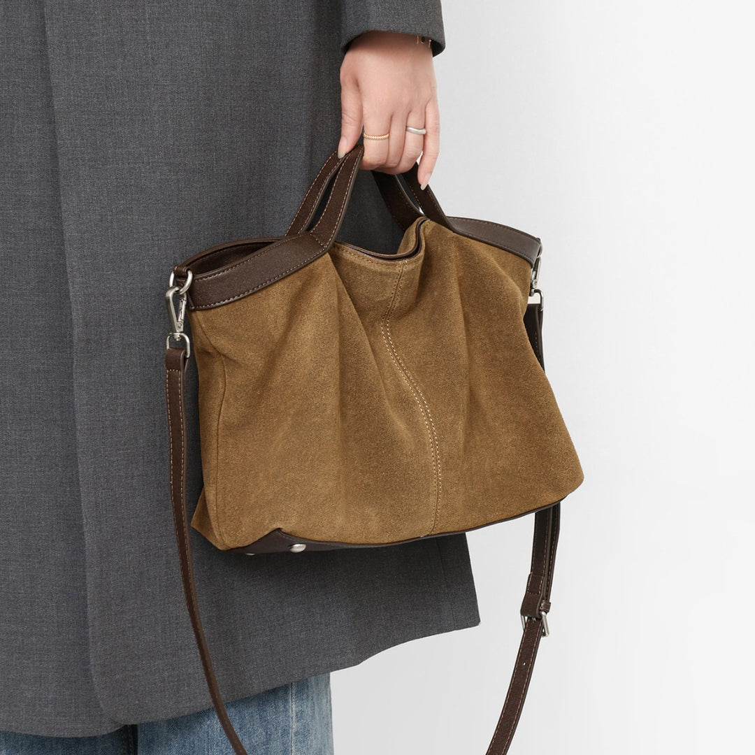 Suede Slouch Shopper Tote with Contrast Leather Trim & Removable Crossbody Strap