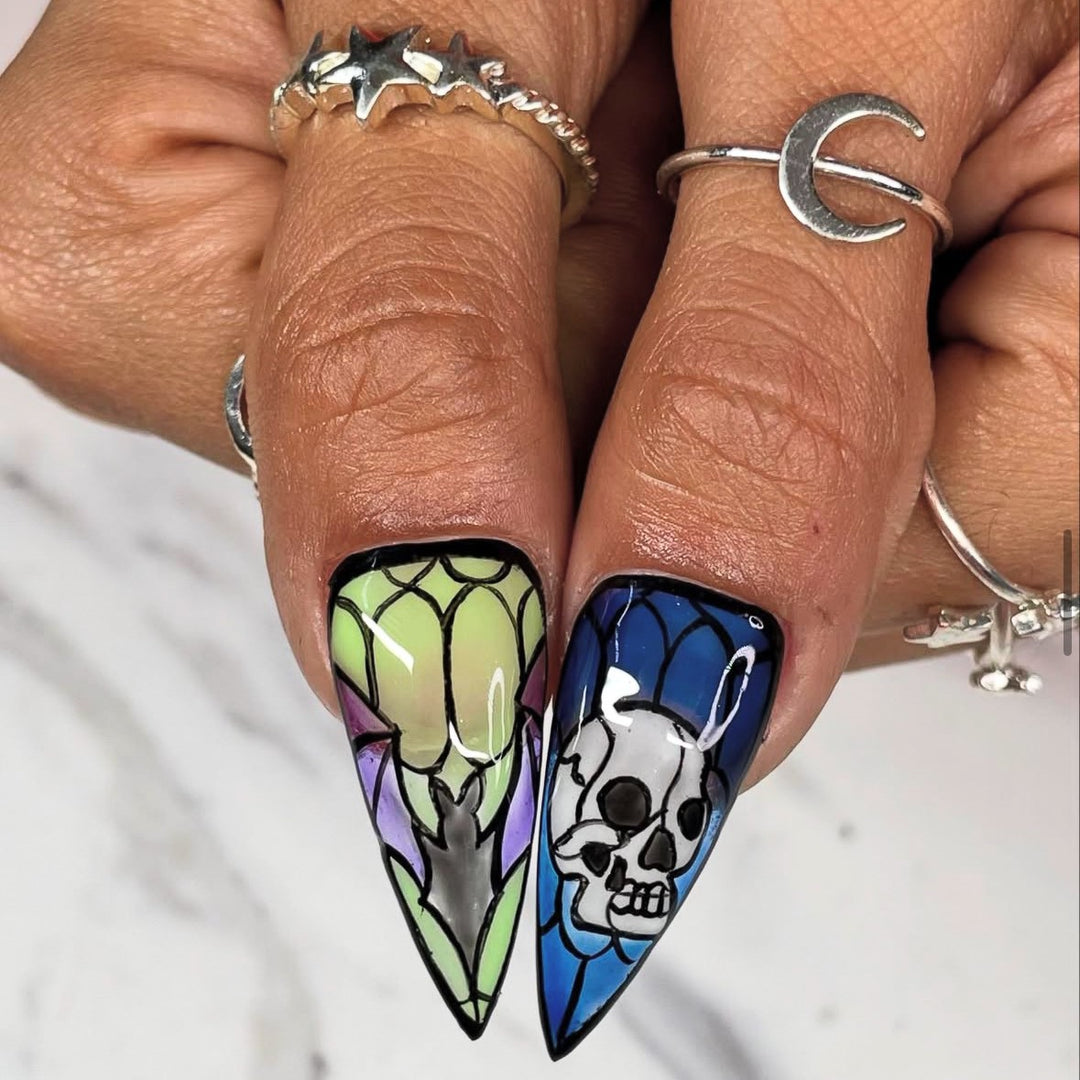 Artistic Halloween-Themed Stiletto Press-On Nails Stornfield