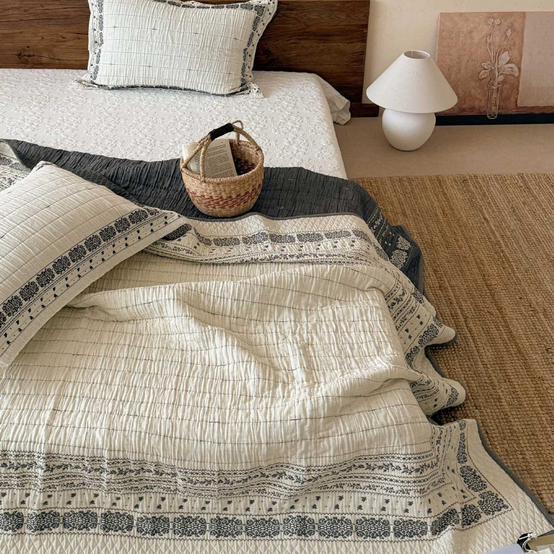 Quilted Cotton Reversible Bedspread with Botanical Embroidery and Matching Pillow Shams