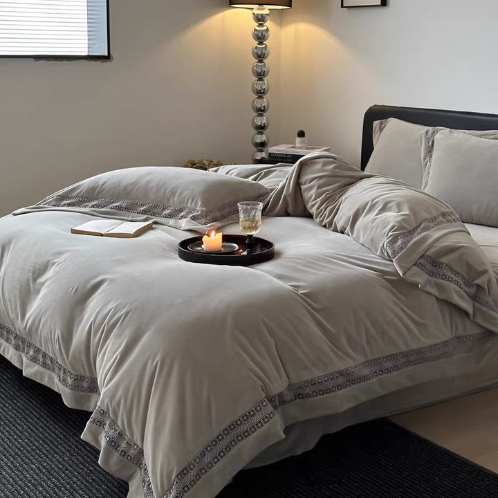 Luxury Brushed Velvet Duvet Cover Set with Lace-Inset Border