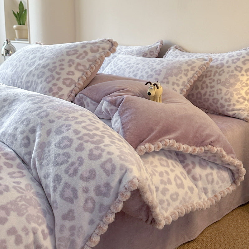 Plush Reversible Leopard-Print Duvet Cover and Pillowcase Set with Pom-Pom Trim