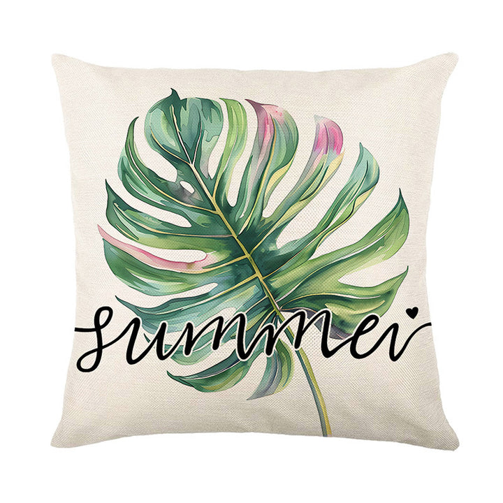 Decorative Square Cotton-Linen Throw Pillow Cover with Script Sweet Summer Time and Buffalo Check Ribbon Print