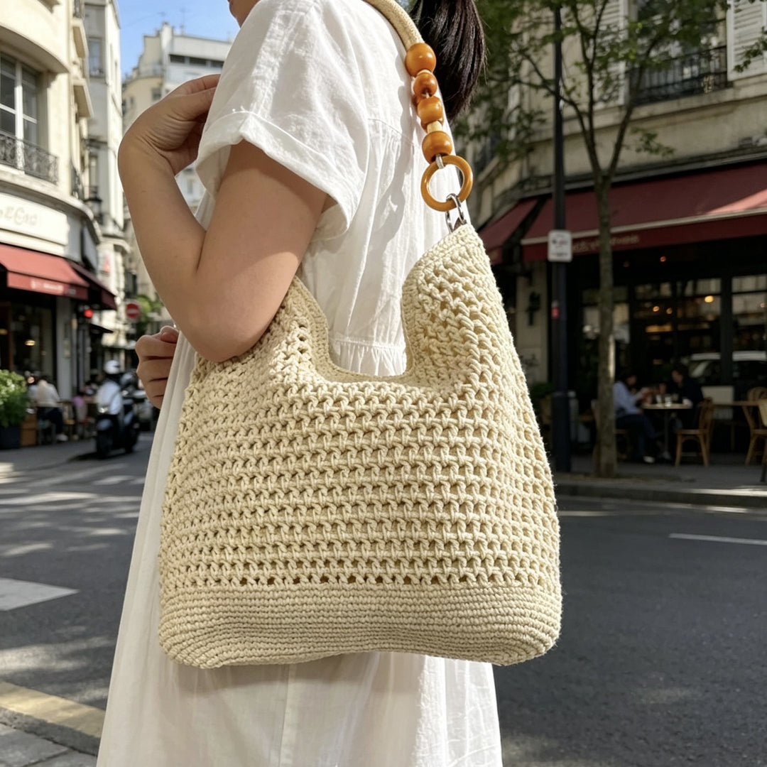 Hand-knotted tote bag with decorative wooden handle Stornfield