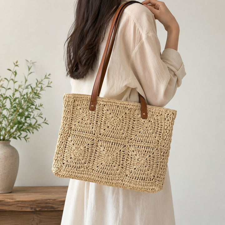 Handbag Made of Natural Rattan with Elegant Leather Handles Stornfield