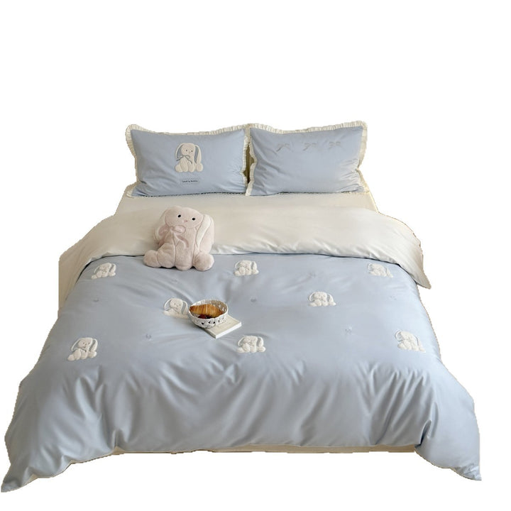 Plush Bunny Embroidered Ruffled Cotton Sateen Duvet Cover Set