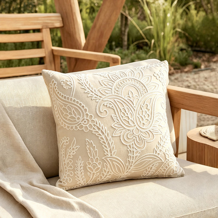 Embroidered decorative cushion cover with paisley relief texture