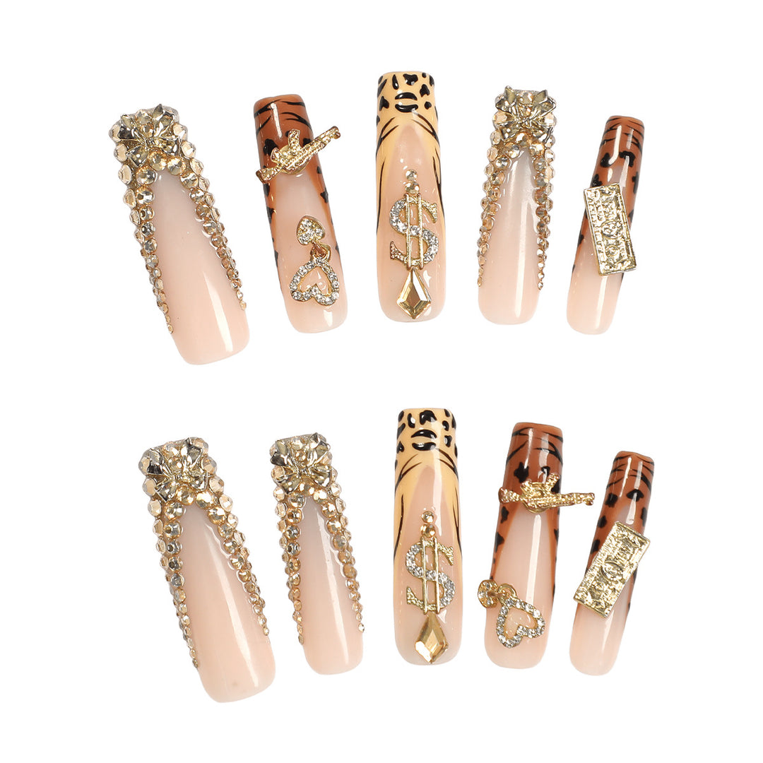 Acrylic nail set with luxurious glitter and animal motifs Stornfield