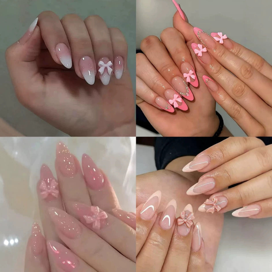 Acrylic Nail Set with Elegant Bows and Glamorous Accent Stornfield